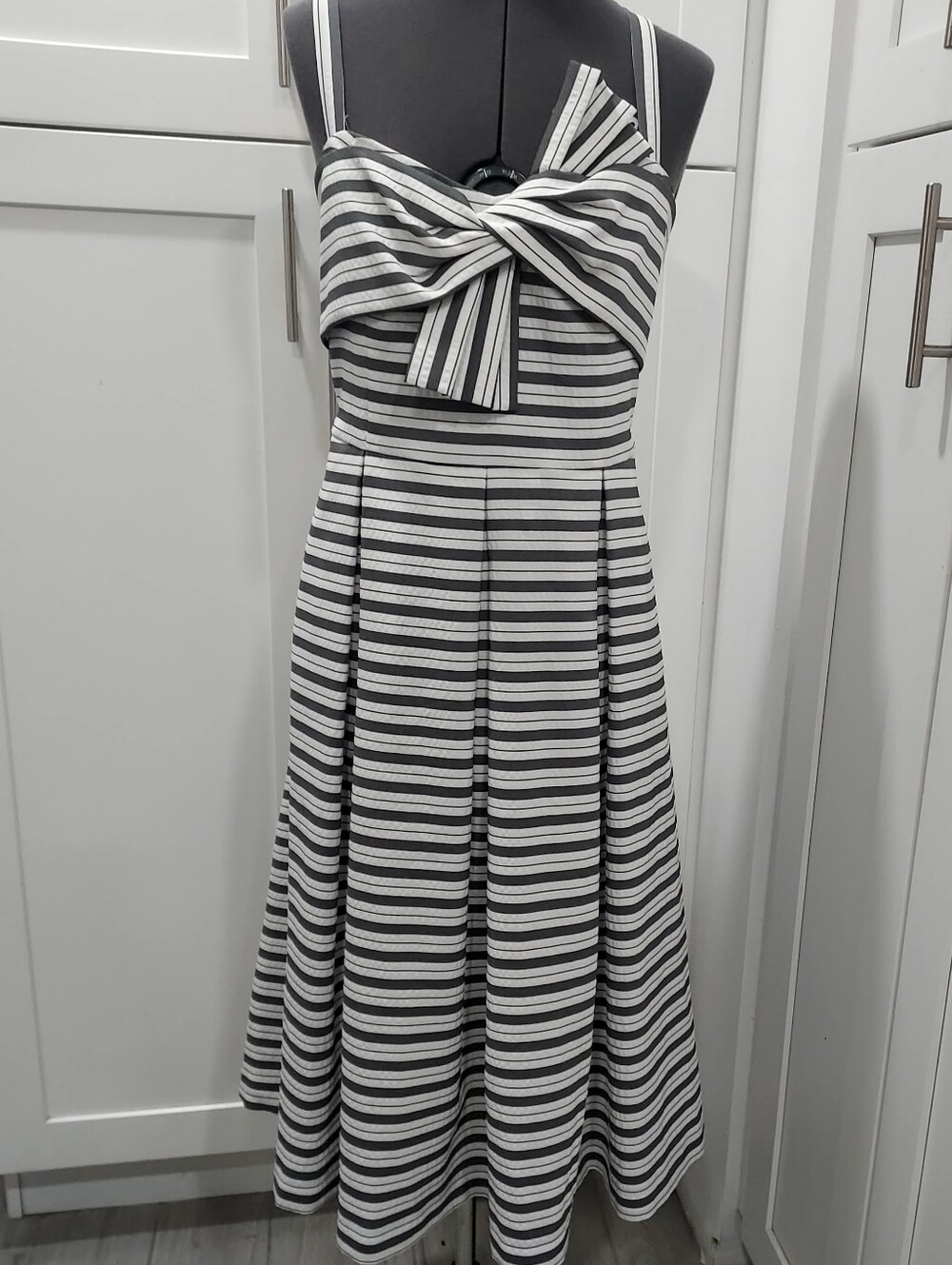 1901 Black & White Striped Bow-Front A-Line Midi Dress